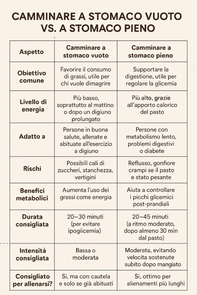 Tabella con benefici e rischi di camminare a digiuno o stomaco pieno